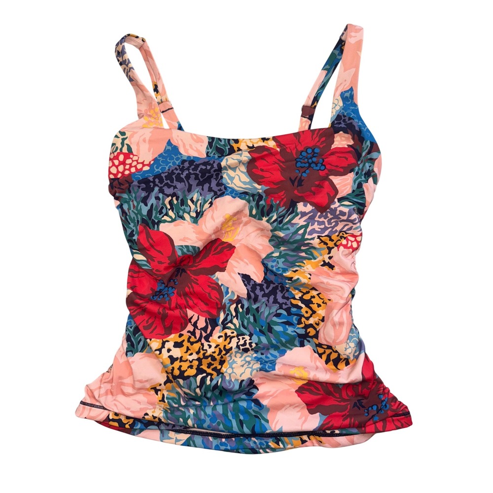 Athleta Tankini Top Womens Pink Floral Leopard Tropical Ruched 34D/DD - Picture 2 of 5
